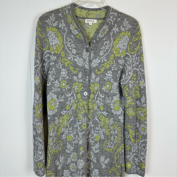 Novica Alpaca Gray Floral Long Cardigan Coat M - Picture 2 of 15